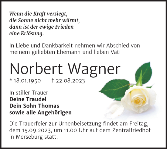 Traueranzeige von Norbert Wagner von Trauerkombi Merseburg