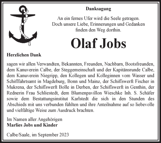 Traueranzeige von Olaf Jobs von Volksstimme Schönebeck