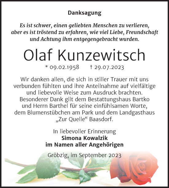 Traueranzeige von Olaf Kunzewitsch von Trauerkombi Köthen