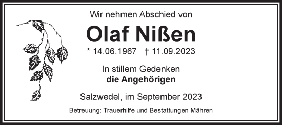 Traueranzeige von Olaf Nißen von Volksstimme Altmark West