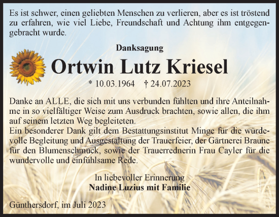Traueranzeige von Ortwin Lutz Kriesel von Volksstimme Oschersleben/Wanzleben