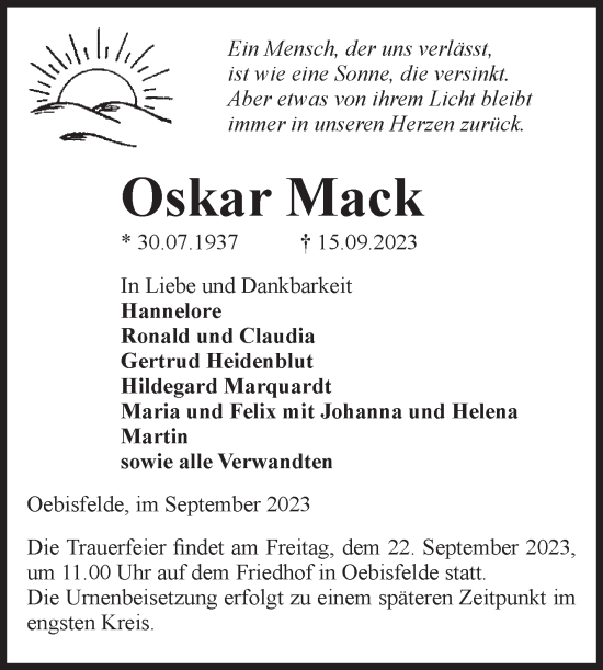 Traueranzeige von Oskar Mack von Volksstimme Altmark West
