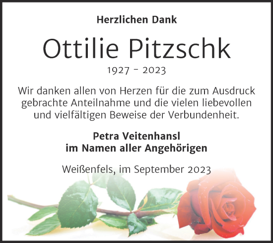 Traueranzeige von Ottilie Pitzschk von Trauerkombi Weißenfels