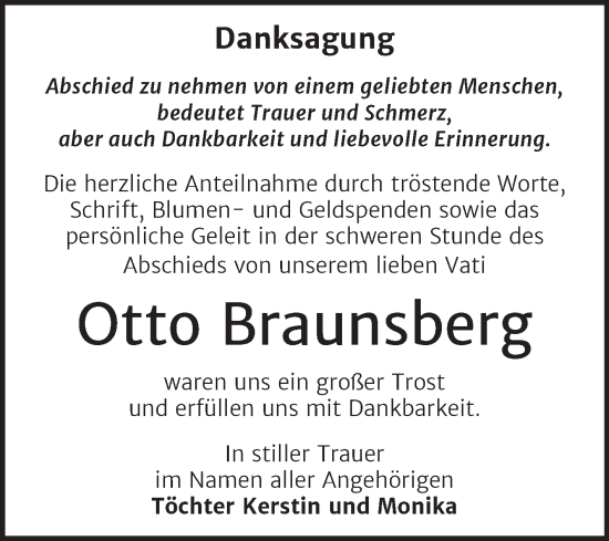 Traueranzeige von Otto Braunsberg von Trauerkombi Bernburg