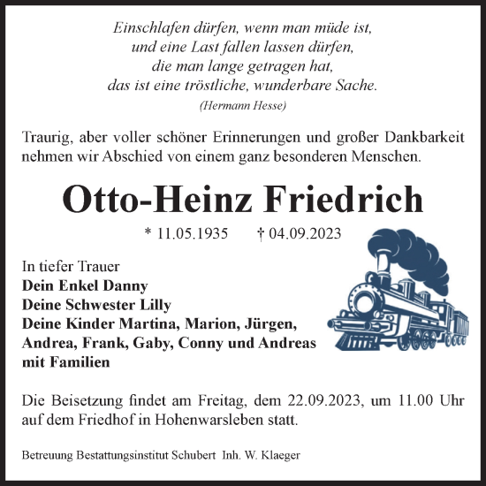 Traueranzeige von Otto-Heinz Friedrich von Volksstimme Magdeburg