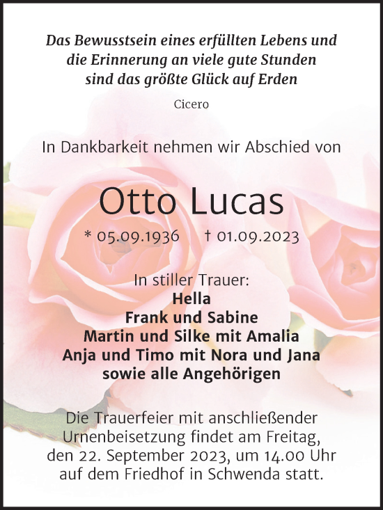 Traueranzeige von Otto Lucas von Trauerkombi Sangerhausen