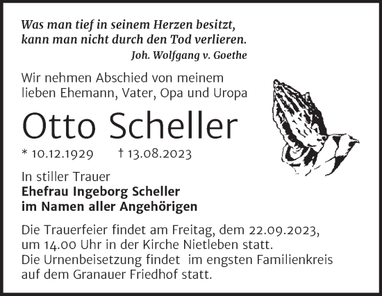 Traueranzeige von Otto Scheller von Mitteldeutsche Zeitung Halle/Saalkreis