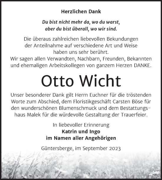 Traueranzeige von Otto Wicht von Trauerkombi Quedlinburg