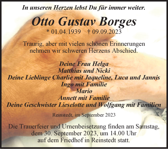 Traueranzeige von Otto Gustav Borges von Trauerkombi Quedlinburg
