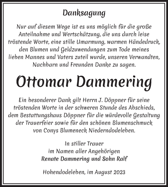 Traueranzeige von Ottomar Dammering von Volksstimme Oschersleben/Wanzleben