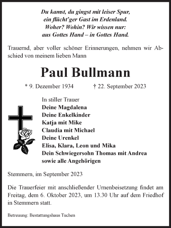 Traueranzeige von Paul Bullmann von Volksstimme Oschersleben/Wanzleben