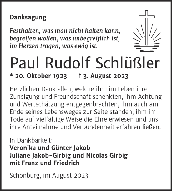Traueranzeige von Paul Rudolf Schlüßler von Naumburger Tageblatt