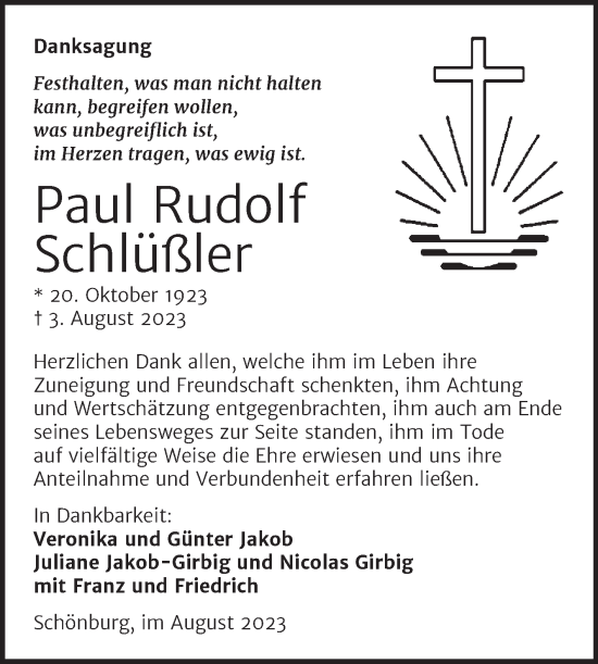 Traueranzeige von Paul Rudolf Schlüßler von Wochenspiegel Naumburg/Nebra
