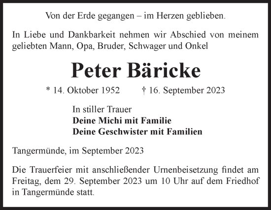 Traueranzeige von Peter Bäricke von Volksstimme Altmark Ost