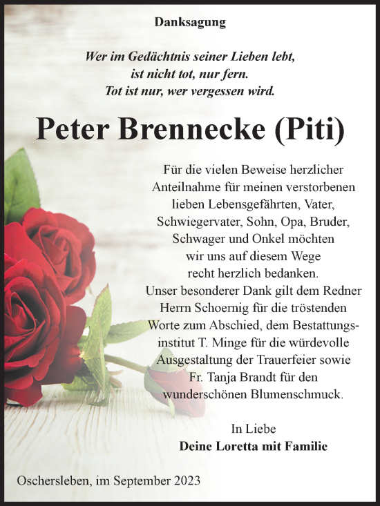 Traueranzeige von Peter Brennecke von Volksstimme Oschersleben/Wanzleben