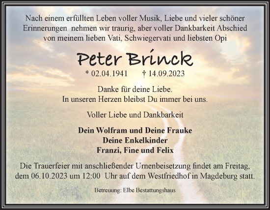 Traueranzeige von Peter Brinck von Volksstimme Magdeburg