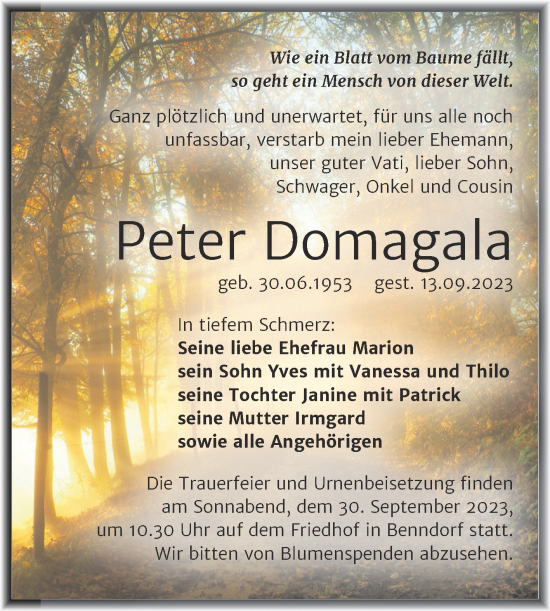 Traueranzeige von Peter Domagala von Trauerkombi Mansfelder Land