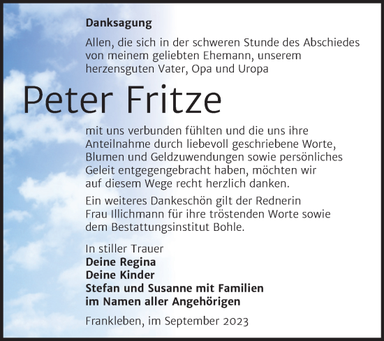 Traueranzeige von Peter Fritze von Trauerkombi Merseburg