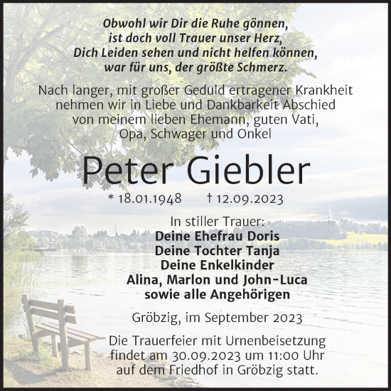 Traueranzeige von Peter Giebler von Trauerkombi Köthen