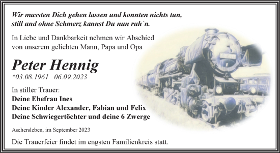 Traueranzeige von Peter Hennig von Trauerkombi Aschersleben