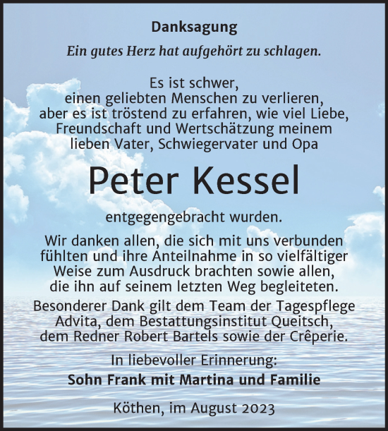 Traueranzeige von Peter Kessel von Trauerkombi Köthen