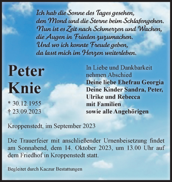 Traueranzeige von Peter Knie von Volksstimme Oschersleben/Wanzleben