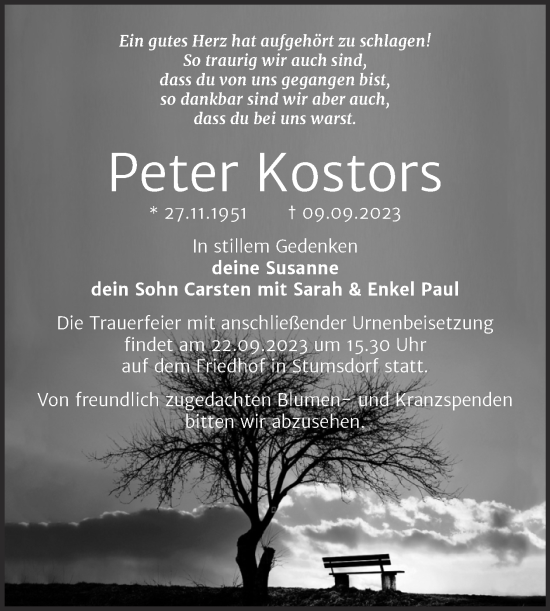 Traueranzeige von Peter Kostors von Trauerkombi Bitterfeld