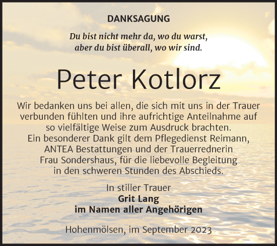 Traueranzeige von Peter Kotlorz von Trauerkombi Weißenfels