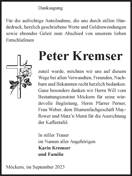 Traueranzeige von Peter Kremser von Volksstimme Burg/Genthin