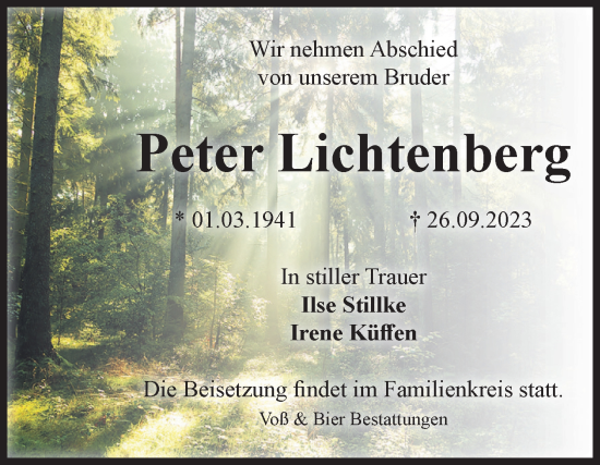 Traueranzeige von Peter Lichtenberg von Volksstimme Wernigerode