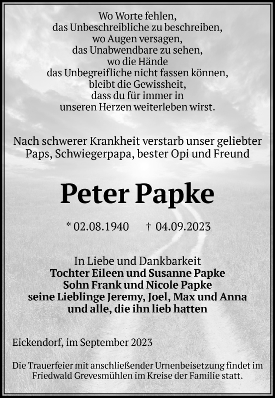 Traueranzeige von Peter Papke von Volksstimme Schönebeck