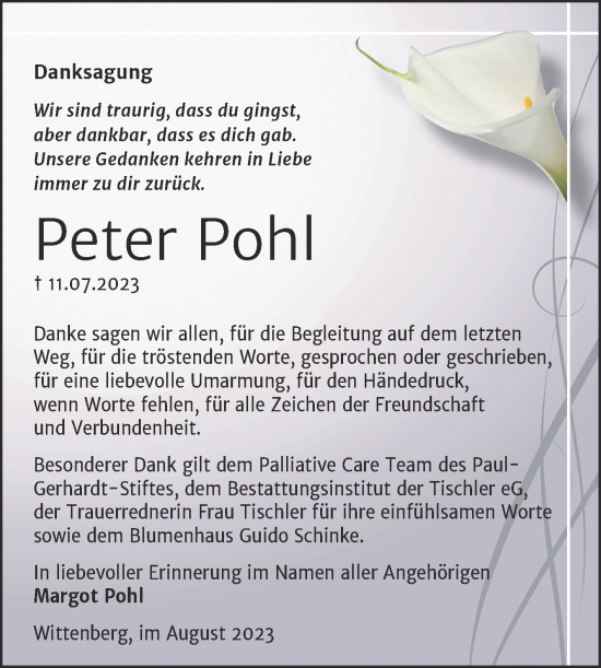 Traueranzeige von Peter Pohl von Trauerkombi Wittenberg