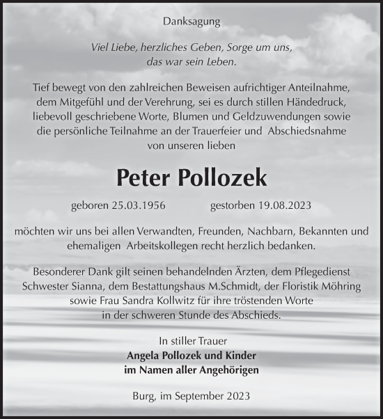 Traueranzeige von Peter Pollozek von Volksstimme Burg/Genthin