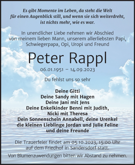Traueranzeige von Peter Rappl von Trauerkombi Bitterfeld
