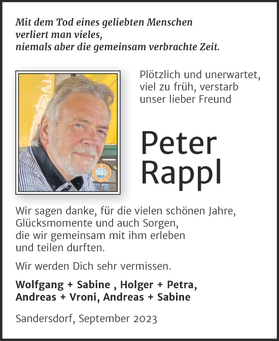 Traueranzeige von Peter Rappl von Trauerkombi Bitterfeld