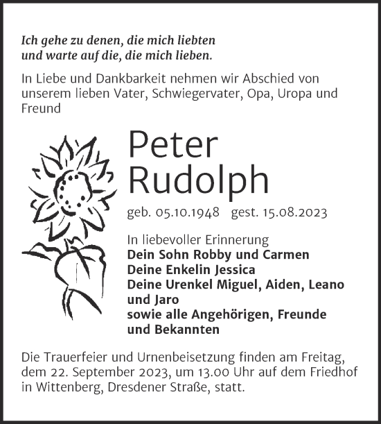 Traueranzeige von Peter Rudolph von Trauerkombi Wittenberg