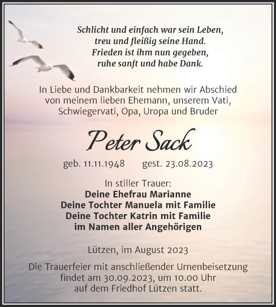 Traueranzeige von Peter Sack von Trauerkombi Weißenfels