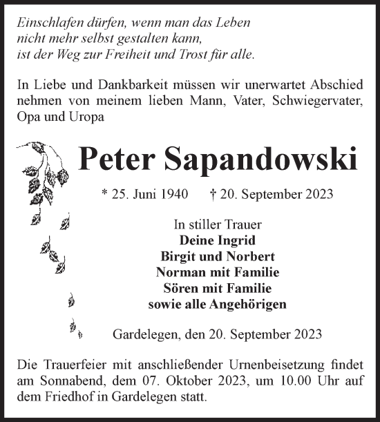 Traueranzeige von Peter Sapandowski von Volksstimme Altmark West