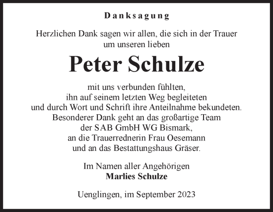 Traueranzeige von Peter Schulze von Volksstimme Altmark Ost