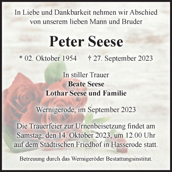 Traueranzeige von Peter Seese von Volksstimme Wernigerode