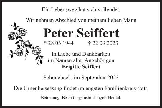 Traueranzeige von Peter Seiffert von Volksstimme Schönebeck