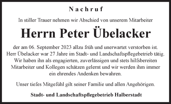 Traueranzeige von Peter Übelacker von Volksstimme Halberstadt