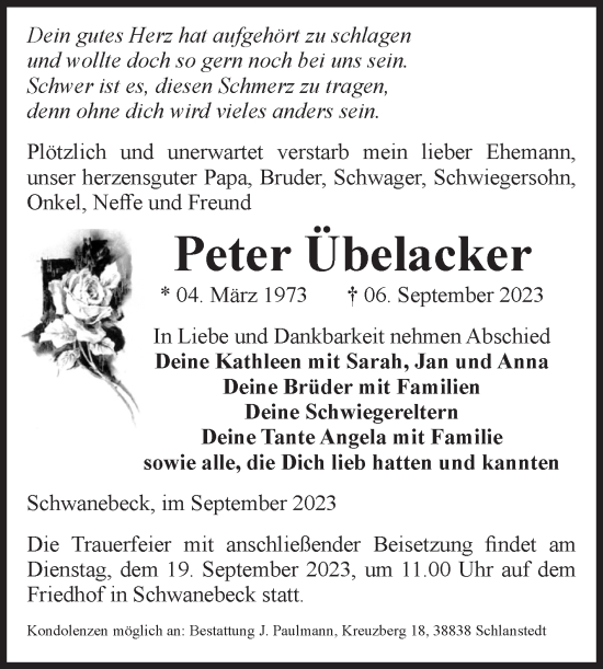 Traueranzeige von Peter Übelacker von Volksstimme Halberstadt