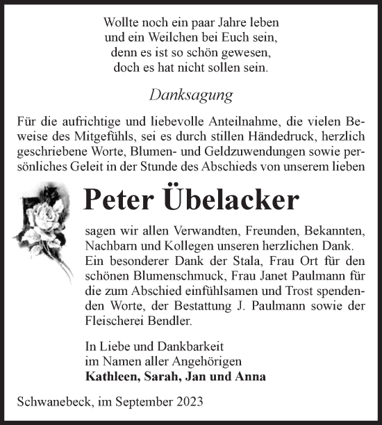 Traueranzeige von Peter Übelacker von Volksstimme Halberstadt
