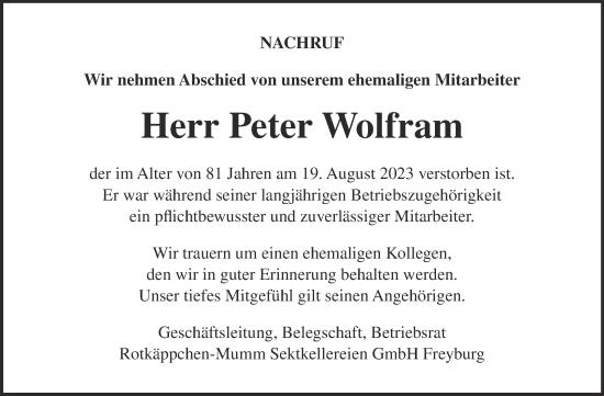 Traueranzeige von Peter Wolfram von Wochenspiegel Naumburg/Nebra