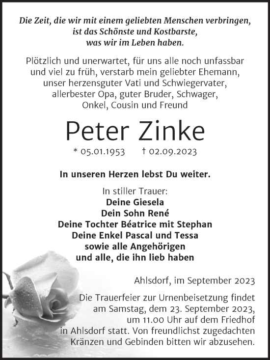 Traueranzeige von Peter Zinke von Trauerkombi Mansfelder Land