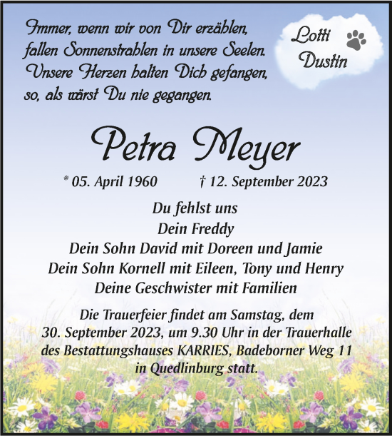 Traueranzeige von Petra Meyer von Trauerkombi Quedlinburg