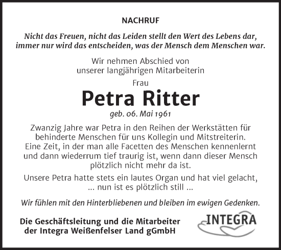 Traueranzeige von Petra Ritter von Wochenspiegel Weißenfels
