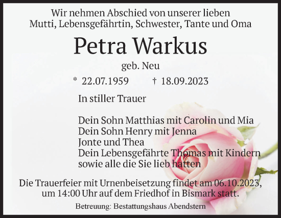 Traueranzeige von Petra Warkus von Volksstimme Altmark Ost