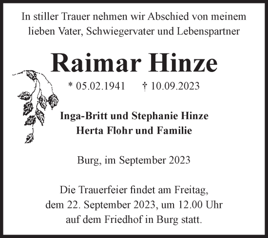 Traueranzeige von Raimar Hinze von Volksstimme Burg/Genthin